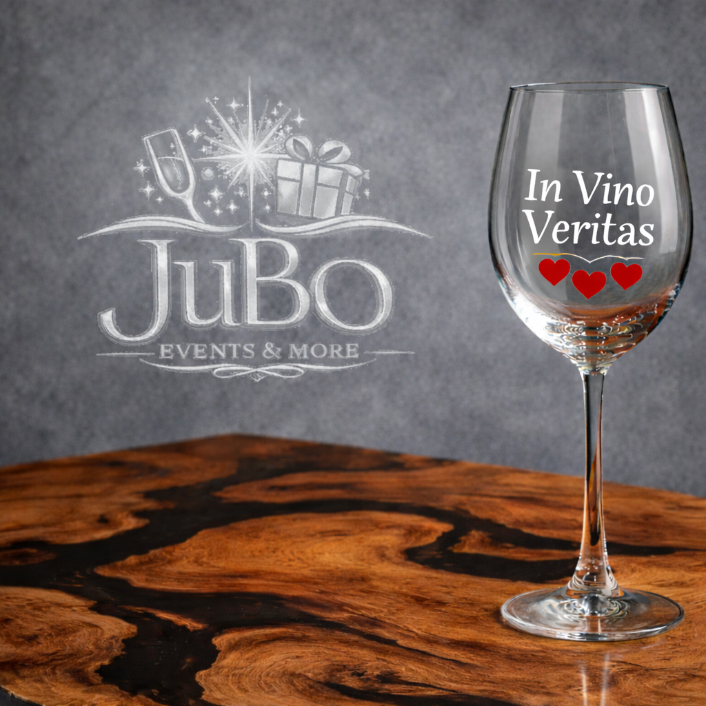 DIY Glasbemalung mit Beschriftung In Vino Veritas und Herzen