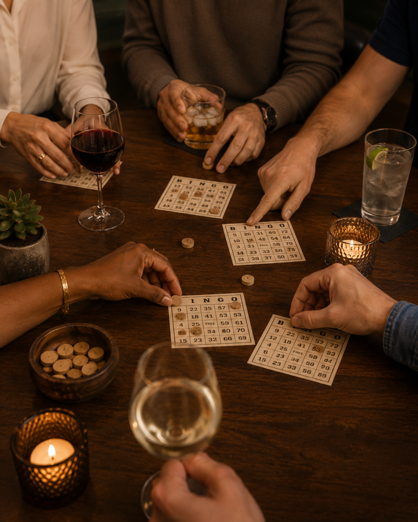 Hände, Karten und Gläser beim Team Bingo